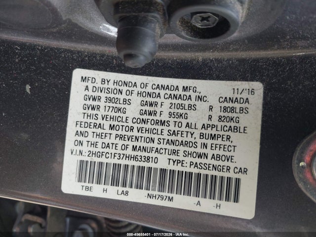 Продаж на аукціоні авто 2017 Honda Civic Ex-t, vin: 2HGFC1F37HH633810, номер лоту: 45655401