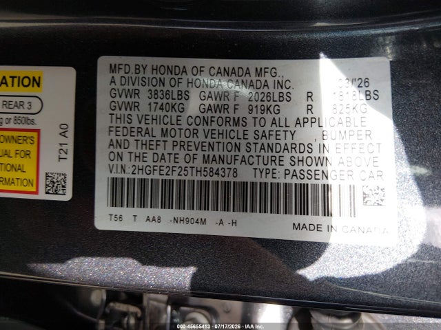 Honda Civic Lx 2026 2HGFE2F25TH584378 Image 9