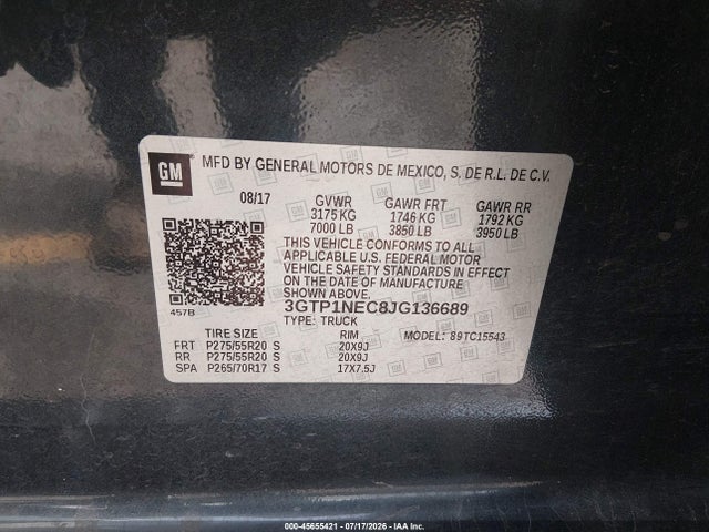Aukcja sprzedaży 2018 Gmc Sierra 1500 Slt, vin: 3GTP1NEC8JG136689, numer aukcji: 45655421