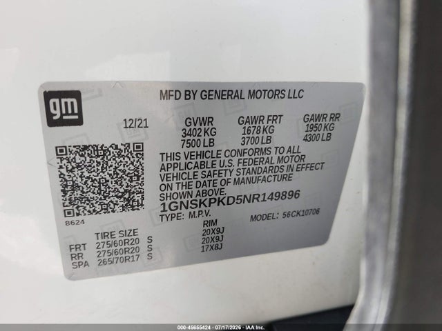 45655424 :رقم المزاد ، 1GNSKPKD5NR149896 vin ، 2022 Chevrolet Tahoe 4wd Z71 مزاد بيع