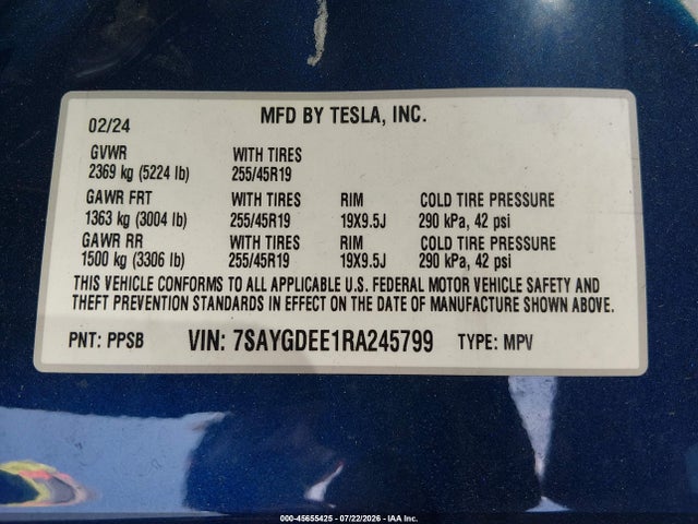 45655425 :رقم المزاد ، 7SAYGDEE1RA245799 vin ، 2024 Tesla Model Y Long Range Dual Motor All-wheel Drive مزاد بيع