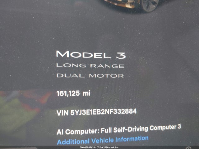 2022 Tesla Model 3 Long Range Dual Motor All-wheel Drive მანქანა იყიდება აუქციონზე, vin: 5YJ3E1EB2NF332884, აუქციონის ნომერი: 45655438