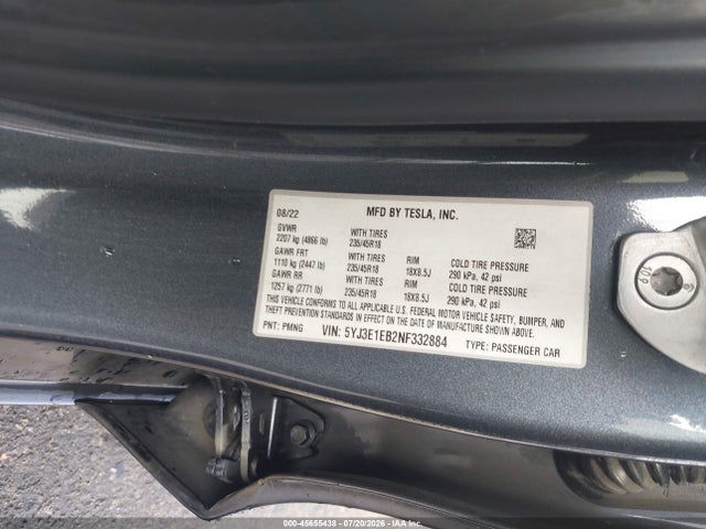 2022 Tesla Model 3 Long Range Dual Motor All-wheel Drive მანქანა იყიდება აუქციონზე, vin: 5YJ3E1EB2NF332884, აუქციონის ნომერი: 45655438