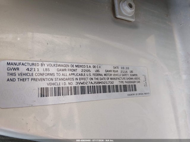 2011 Volkswagen Jetta 2.5l Se მანქანა იყიდება აუქციონზე, vin: 3VWDZ7AJ5BM321732, აუქციონის ნომერი: 45655468