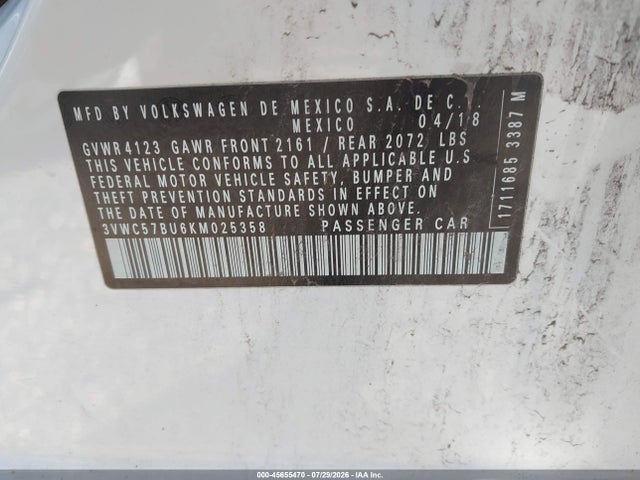 Продажа на аукционе авто 2019 Volkswagen Jetta 1.4t R-line/1.4t S/1.4t Se, vin: 3VWC57BU6KM025358, номер лота: 45655470