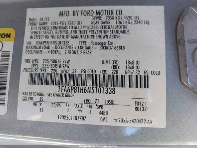 1FA6P8TH6N5101338 Ford Mustang Ecoboost Premium Fastback