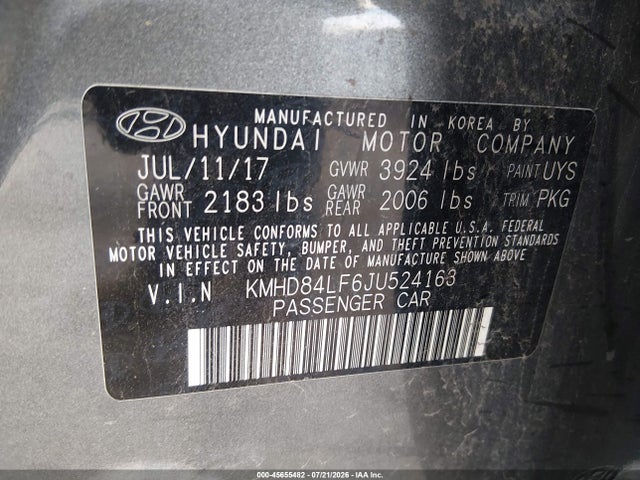 2018 Hyundai Elantra Sel მანქანა იყიდება აუქციონზე, vin: KMHD84LF6JU524163, აუქციონის ნომერი: 45655482