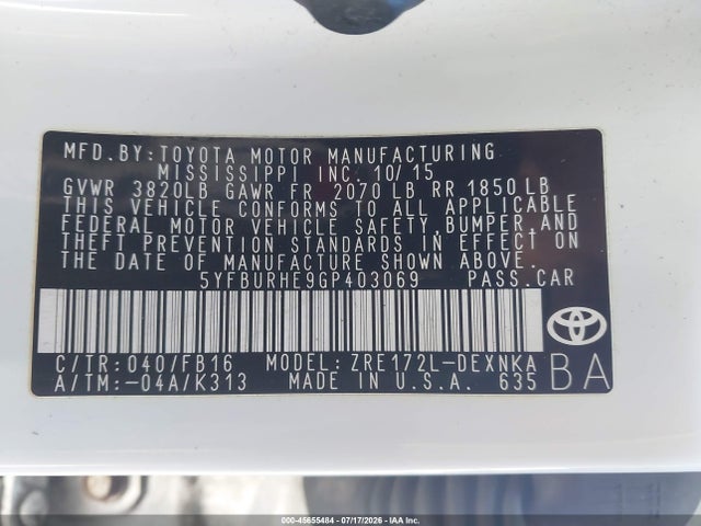 5YFBURHE9GP403069 Toyota COROLLA LE