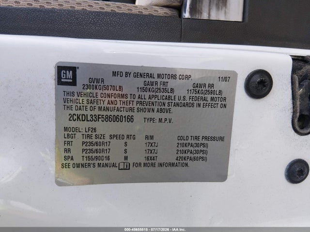 Продажа на аукционе авто 2008 Pontiac Torrent, vin: 2CKDL33F586060166, номер лота: 45655515