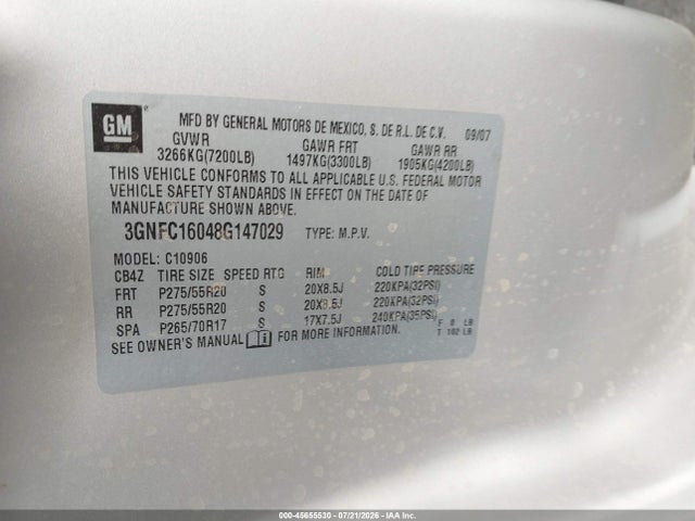 2008 Chevrolet Suburban 1500 Ltz მანქანა იყიდება აუქციონზე, vin: 3GNFC16048G147029, აუქციონის ნომერი: 45655530