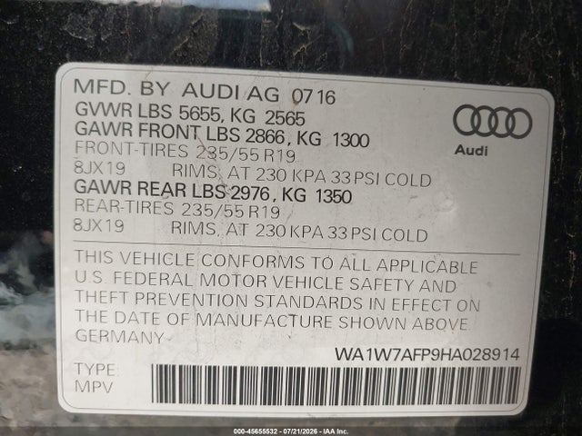 Продажа на аукционе авто 2017 Audi Q5 3.0t Premium Plus, vin: WA1W7AFP9HA028914, номер лота: 45655532