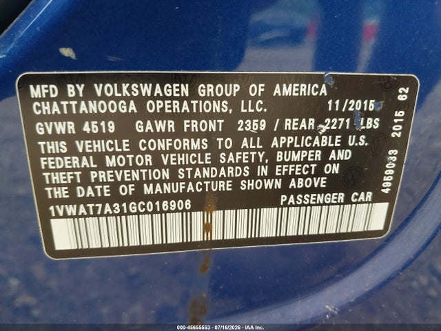 45655553 :رقم المزاد ، 1VWAT7A31GC016906 vin ، 2016 Volkswagen Passat 1.8t S مزاد بيع