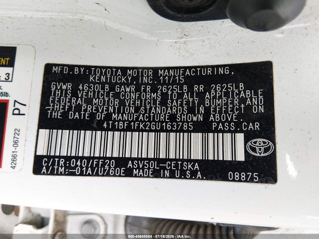 45655554 :رقم المزاد ، 4T1BF1FK2GU163785 vin ، 2016 Toyota Camry Se مزاد بيع