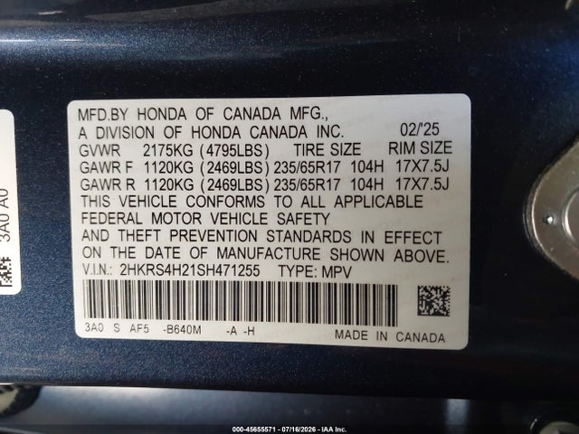 Honda Cr-v Lx Awd 2025 2HKRS4H21SH471255 Image 9