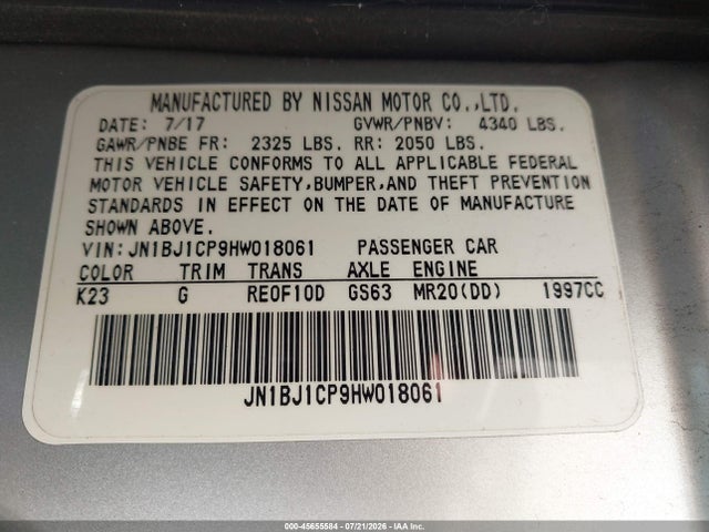 2017 Nissan Rogue Sport S მანქანა იყიდება აუქციონზე, vin: JN1BJ1CP9HW018061, აუქციონის ნომერი: 45655584