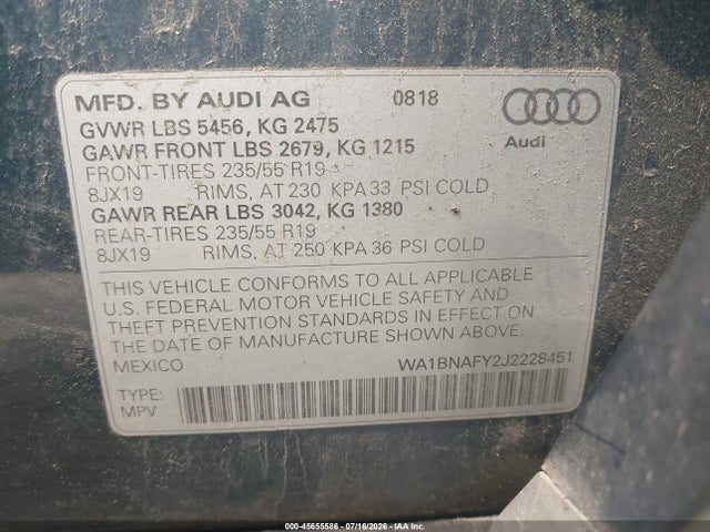Aukcja sprzedaży 2018 Audi Q5, vin: WA1BNAFY2J2228451, numer aukcji: 45655586
