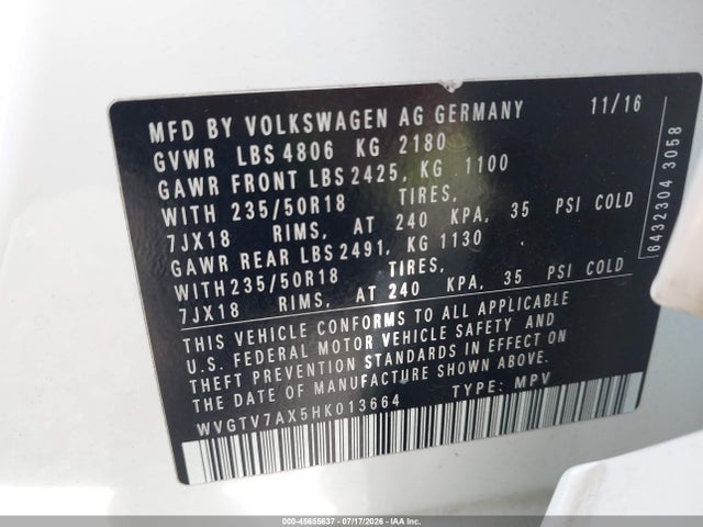 Aukcja sprzedaży 2017 Volkswagen Tiguan 2.0t Sport, vin: WVGTV7AX5HK013664, numer aukcji: 45655637