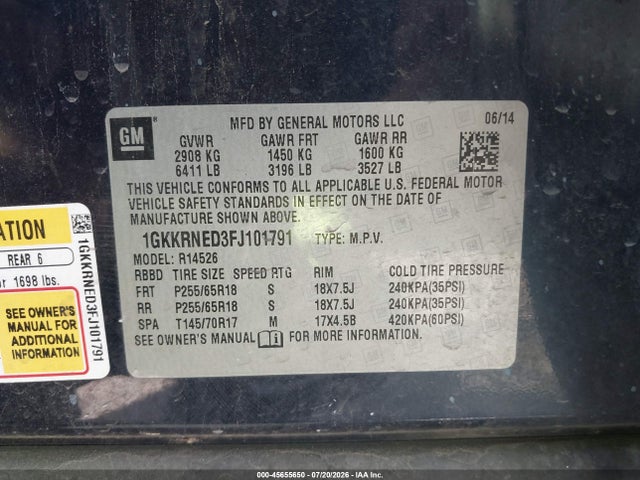 45655650 :رقم المزاد ، 1GKKRNED3FJ101791 vin ، 2015 Gmc Acadia Sle-1 مزاد بيع