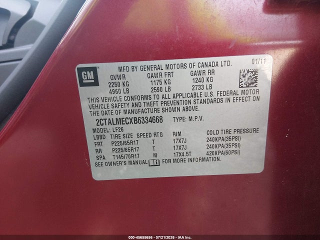 45655656 :رقم المزاد ، 2CTALMECXB6334668 vin ، 2011 Gmc Terrain Sle-1 مزاد بيع