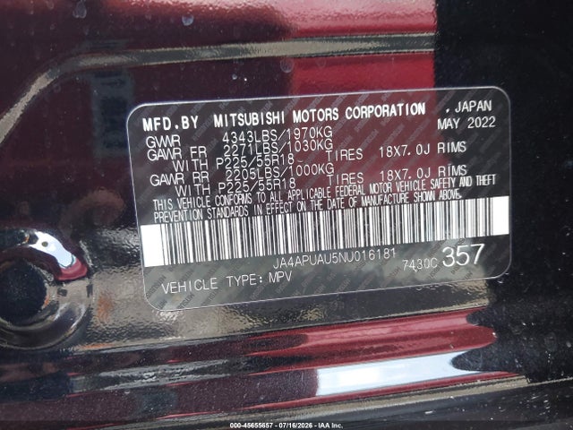 45655657 :رقم المزاد ، JA4APUAU5NU016181 vin ، 2022 Mitsubishi Outlander Sport 2.0 Le 2wd مزاد بيع