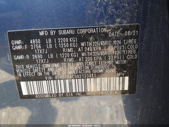 2022 Subaru Outback მანქანა იყიდება აუქციონზე, vin: 4S4BTAAC5N3133451, აუქციონის ნომერი: 45655663