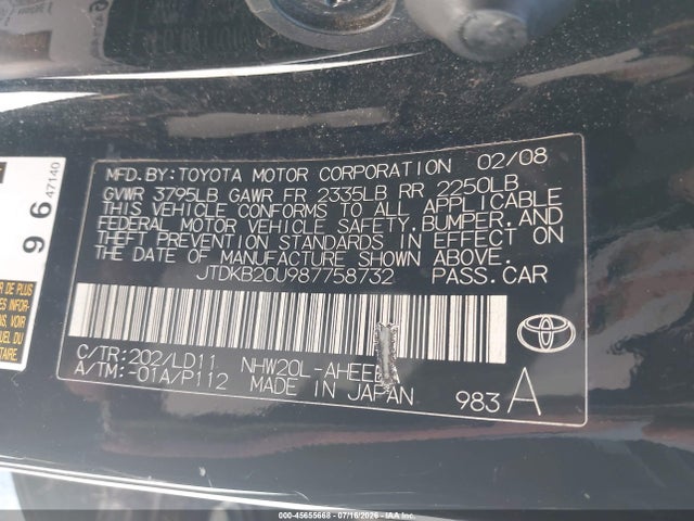 Auction sale of the 2008 Toyota Prius Touring, vin: JTDKB20U987758732, lot number: 45655668