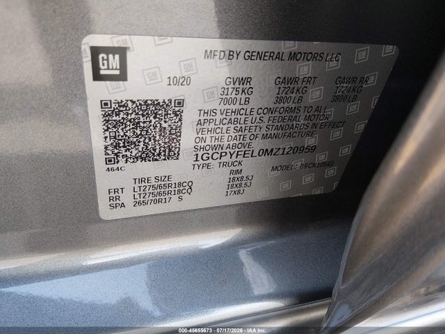45655673 :رقم المزاد ، 1GCPYFEL0MZ120959 vin ، 2021 Chevrolet Silverado 1500 4wd  Short Bed Lt Trail Boss مزاد بيع