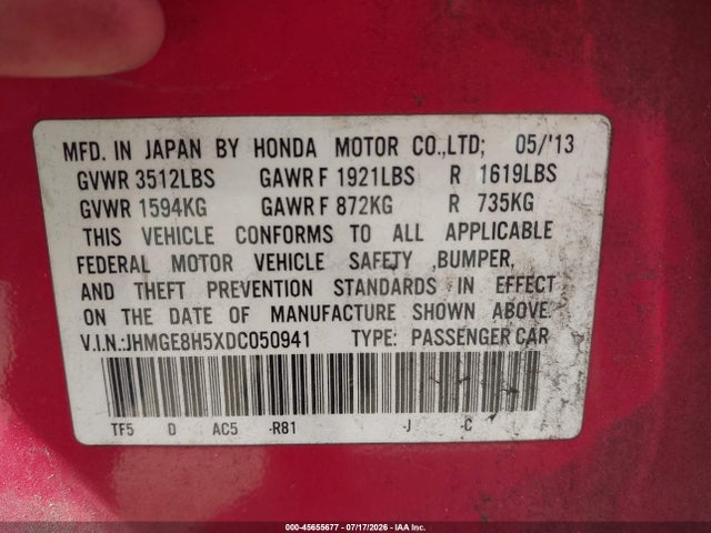 2013 Honda Fit Sport მანქანა იყიდება აუქციონზე, vin: JHMGE8H5XDC050941, აუქციონის ნომერი: 45655677