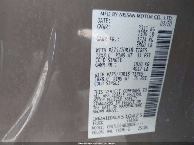 Продаж на аукціоні авто 2020 Nissan Titan Pro-4x 4x4, vin: 1N6AA1EDXLN510475, номер лоту: 45655684