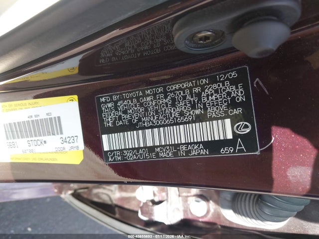 Продажа на аукционе авто 2006 Lexus Es 330, vin: JTHBA30G065165691, номер лота: 45655693
