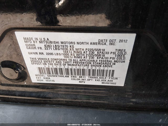 Aukcja sprzedaży 2013 Mitsubishi Outlander Sport Se, vin: 4A4AP4AU4DE008631, numer aukcji: 45655702