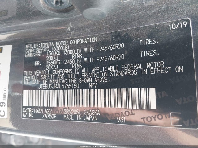 Aukcja sprzedaży 2020 Toyota 4runner Limited, vin: JTEBU5JR3L5765150, numer aukcji: 45655706