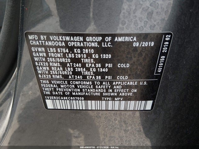 Aukcja sprzedaży 2019 Volkswagen Atlas 3.6l V6 Sel, vin: 1V2ER2CA9KC607509, numer aukcji: 45655708
