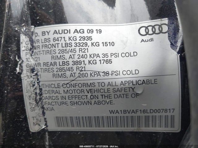 Aukcja sprzedaży 2020 Audi Q8 Premium Plus 55 Tfsi Quattro Tiptronic, vin: WA1BVAF16LD007817, numer aukcji: 45655711