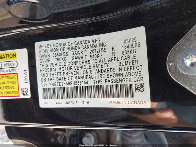 Продаж на аукціоні авто 2025 Honda Civic Sport, vin: 2HGFE2F59SH585154, номер лоту: 45655725