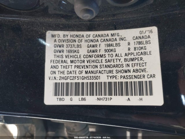 Honda Civic Lx 2016 2HGFC2F51GH533501 Image 9