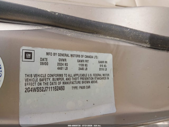 45655728 :رقم المزاد ، 2G4WS52J711162460 vin ، 2001 Buick Century Custom مزاد بيع