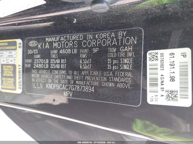 Продажа на аукционе авто 2016 Kia Sportage Lx, vin: KNDPBCAC7G7873894, номер лота: 45655744