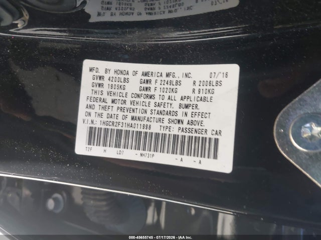 Honda ACCORD LX 2017 1HGCR2F31HA011998 Image 9