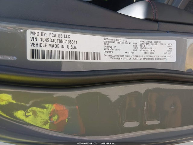 Aukcja sprzedaży 2022 Dodge Durango R/t Plus Awd, vin: 1C4SDJCT8NC106341, numer aukcji: 45655764
