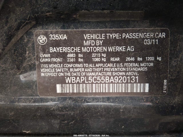 2011 Bmw 335i Xdrive მანქანა იყიდება აუქციონზე, vin: WBAPL5C55BA920131, აუქციონის ნომერი: 45655775