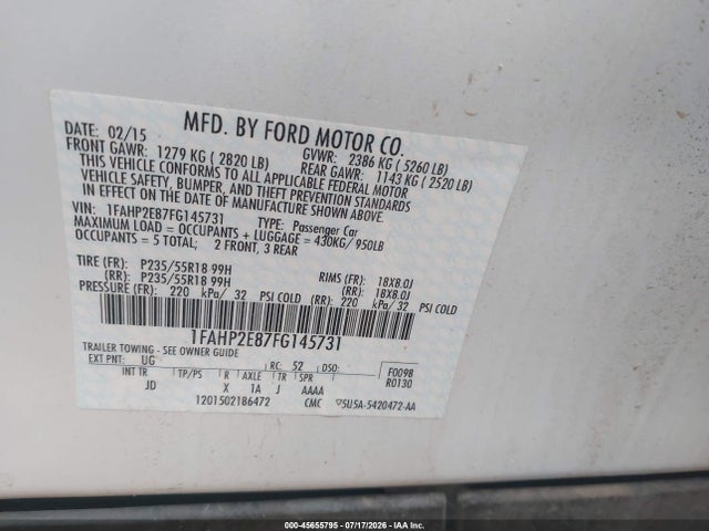 45655795 :رقم المزاد ، 1FAHP2E87FG145731 vin ، 2015 Ford Taurus Sel مزاد بيع