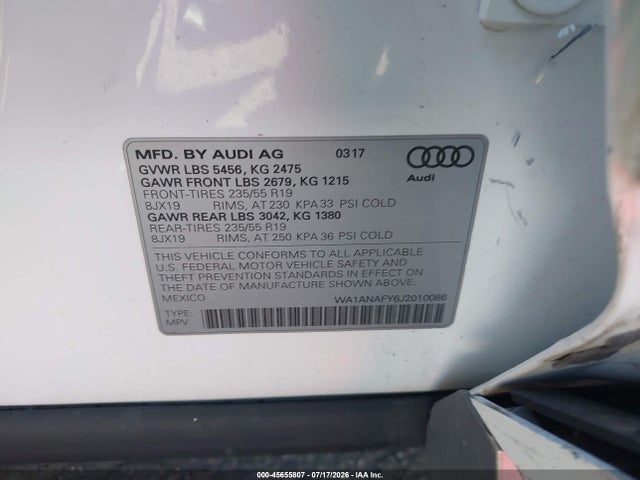 Продаж на аукціоні авто 2018 Audi Q5 2.0t Premium/2.0t Tech Premium, vin: WA1ANAFY6J2010086, номер лоту: 45655807
