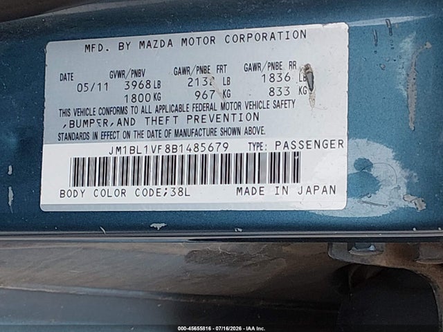 Aukcja sprzedaży 2011 Mazda Mazda3 I Touring, vin: JM1BL1VF8B1485679, numer aukcji: 45655816