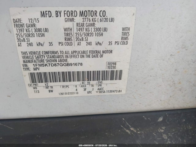 Aukcja sprzedaży 2016 Ford Explorer Xlt, vin: 1FM5K7D87GGB91678, numer aukcji: 45655836