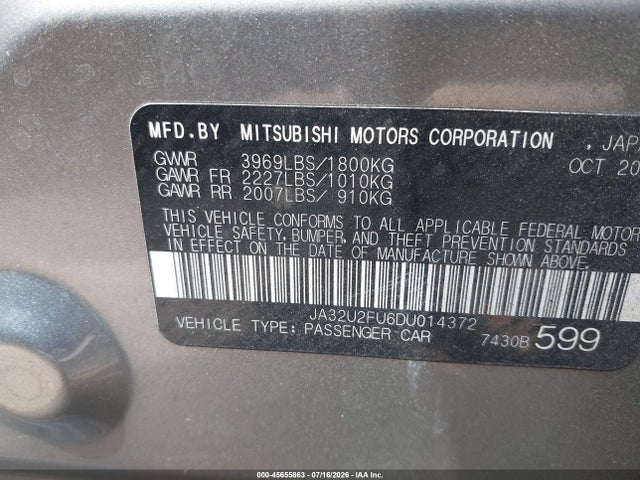Aukcja sprzedaży 2013 Mitsubishi Lancer Es, vin: JA32U2FU6DU014372, numer aukcji: 45655863