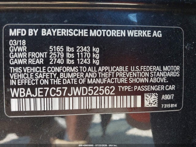 Продаж на аукціоні авто 2018 Bmw 540i Xdrive, vin: WBAJE7C57JWD52562, номер лоту: 45655865