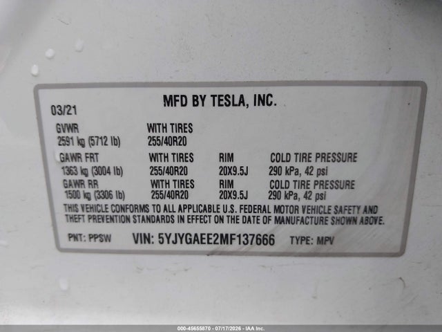 Продаж на аукціоні авто 2021 Tesla Model Y Long Range Dual Motor All-wheel Drive, vin: 5YJYGAEE2MF137666, номер лоту: 45655870