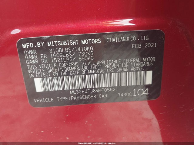 2021 Mitsubishi Mirage G4 Carbonite Edition/es/le მანქანა იყიდება აუქციონზე, vin: ML32FUFJ8MHF05621, აუქციონის ნომერი: 45655872