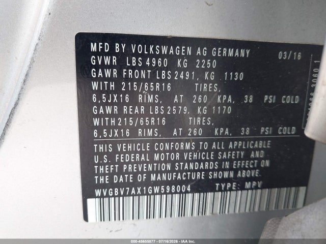 Продажа на аукционе авто 2016 Volkswagen Tiguan S, vin: WVGBV7AX1GW598004, номер лота: 45655877